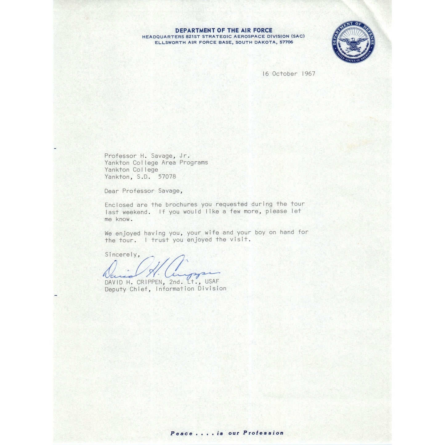 Department of the Air Force Letterhead Memo David H. Crippen 1967 B16
