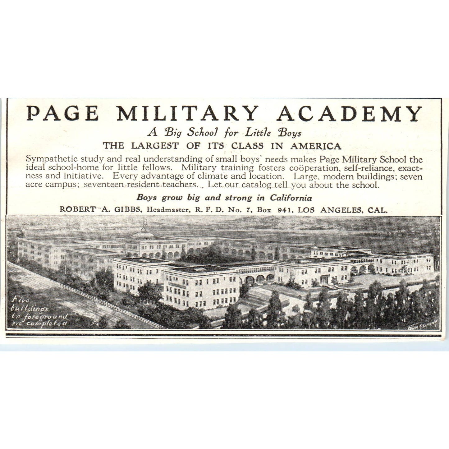c1920 Harper's Magazine Ad - Page Military Academy Robert Gibbs Los Angeles EA3
