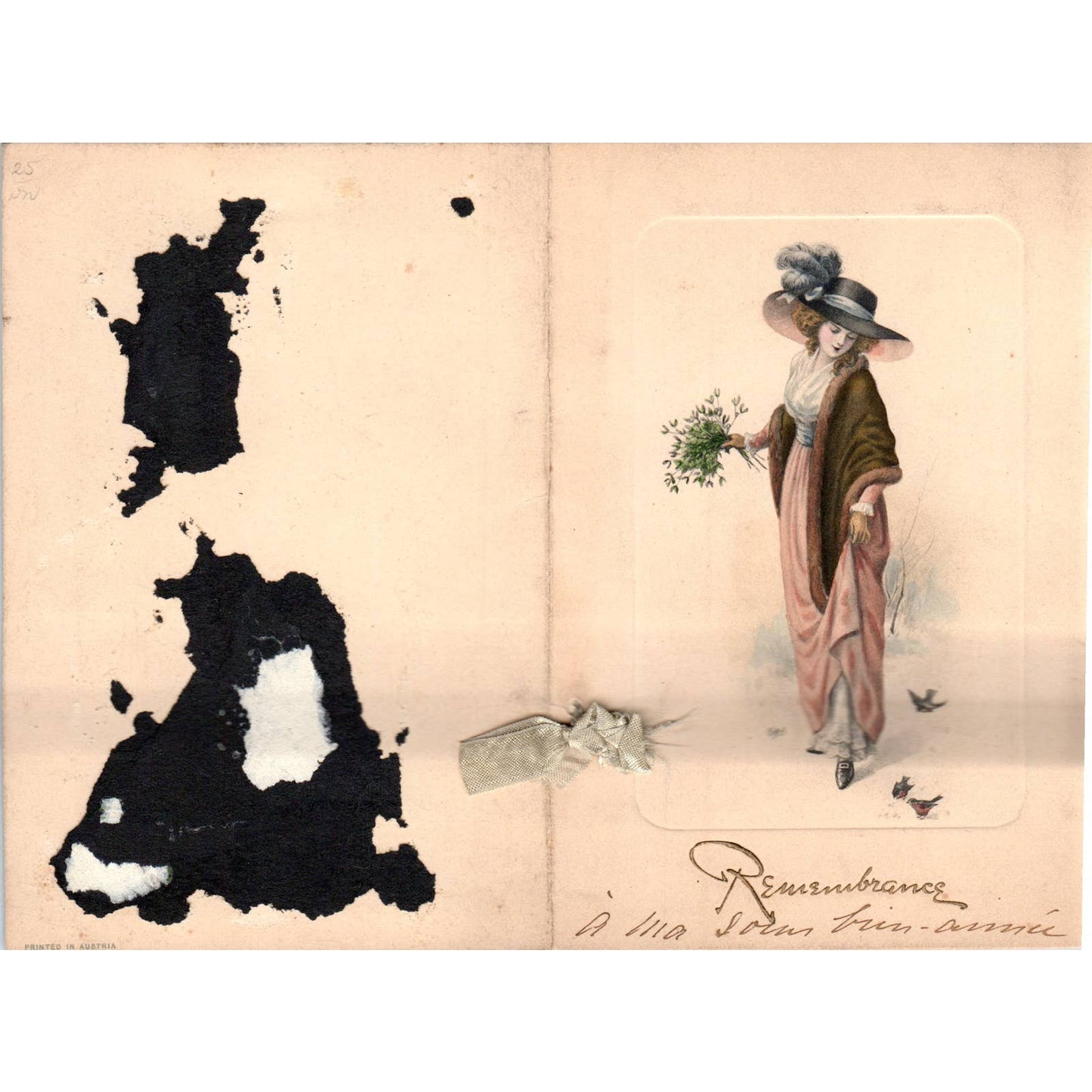 Antique Remembrance Folding Greeting Card Victorian Woman Bow SE5