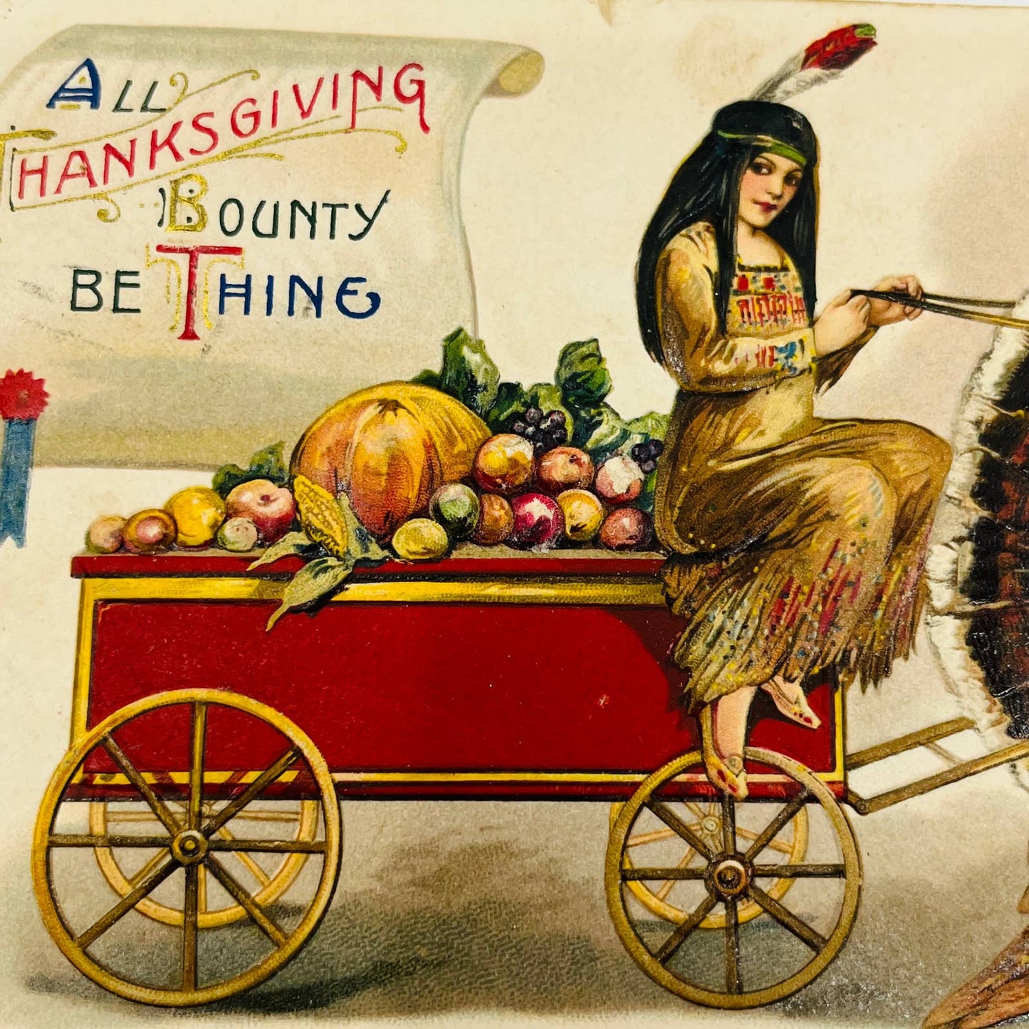 1910s Thanksgiving Post Card Indian Girl Turkey Pulling Cart Embossed Winsch PA3