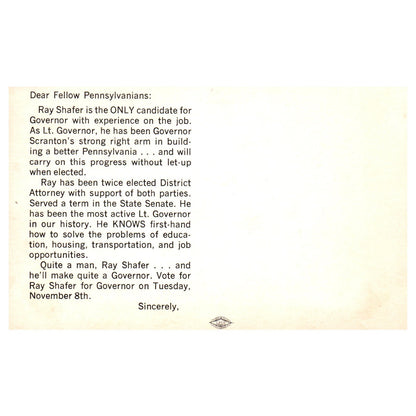 Vintage Postcard - 1967 Political Ray Shafer for Pennsylvania Governor P4-6