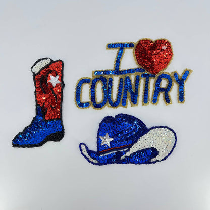 VTG Country Music Western Cowboy Boot Hat Sequin Pinback Patches SD2