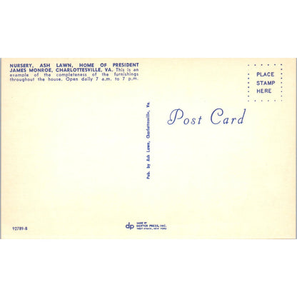 Nursery, Ash Lawn Home of President Monroe Charlottesville VA Postcard PB5