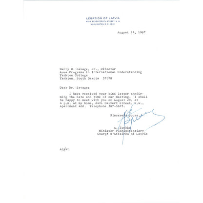 Latvian Legation Minister A. Spekke Letterhead Memo Aug. 1967 B10