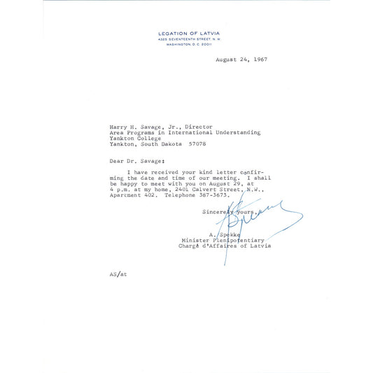 Latvian Legation Minister A. Spekke Letterhead Memo Aug. 1967 B10