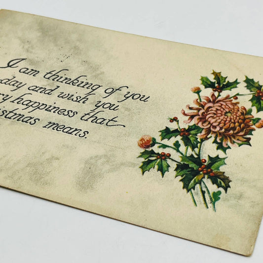 1910s Christmas Post Card WINSCH Back Embossed Pink Flower Floral Holly PA4