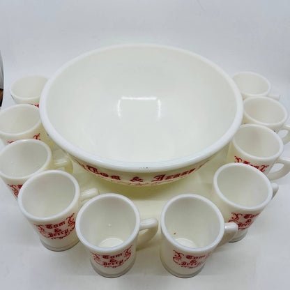 Vintage McKee Tom & Jerry Holiday Christmas Milk Glass Punch Bowl & 10 Cups