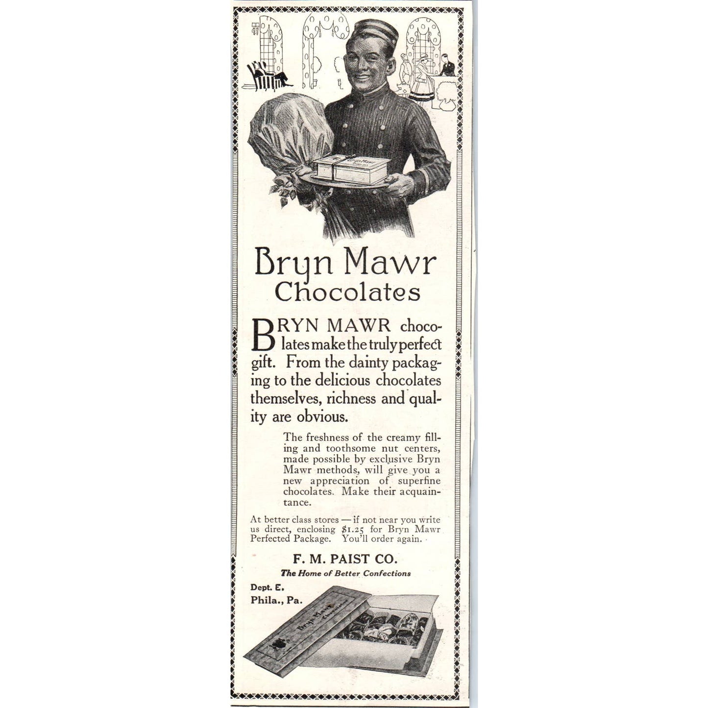 c1920 Harper's Magazine Ad Bryn Mawr Chocolates F.M. Paist Co Philadelphia EA3-4