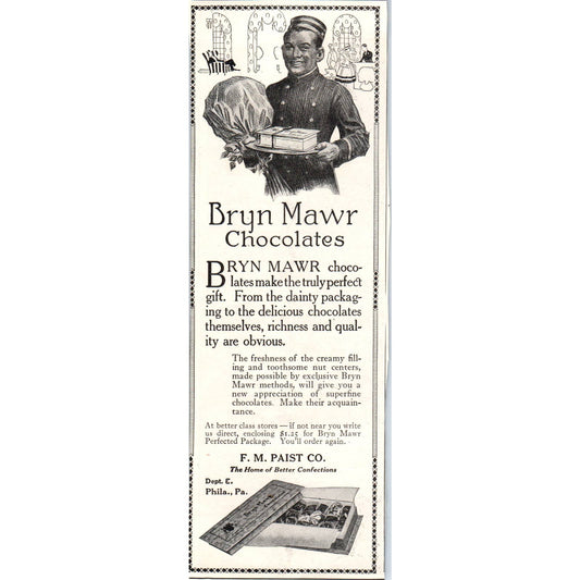 c1920 Harper's Magazine Ad Bryn Mawr Chocolates F.M. Paist Co Philadelphia EA3-4