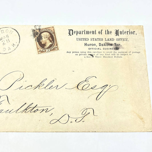 1800s Dept of the Interior Official Envelope w/ Wax Seal Dakota Territory AB7