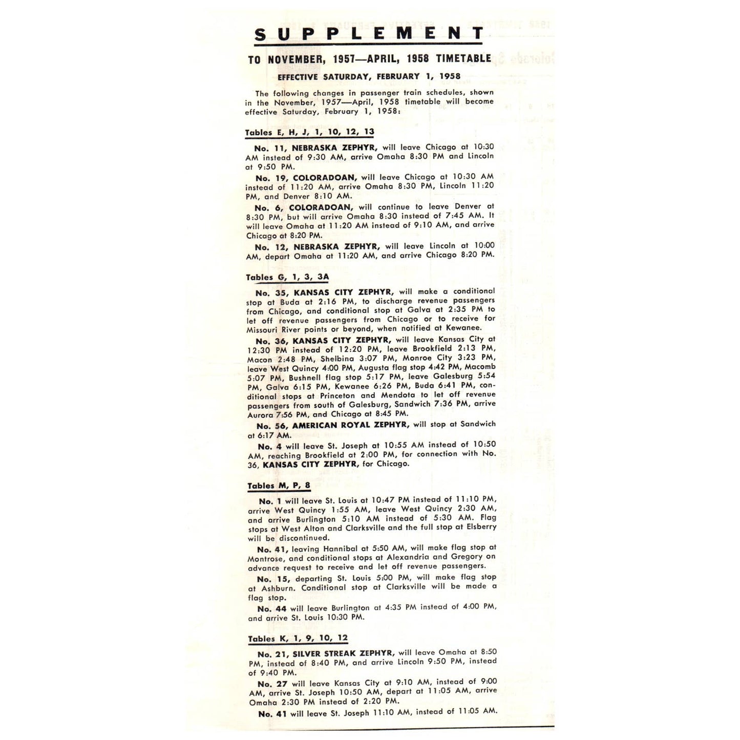 1957 Burlington Route RR Time Table Supplement St Louis St Paul Mpls SE4