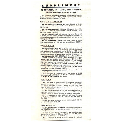 1957 Burlington Route RR Time Table Supplement St Louis St Paul Mpls SE4