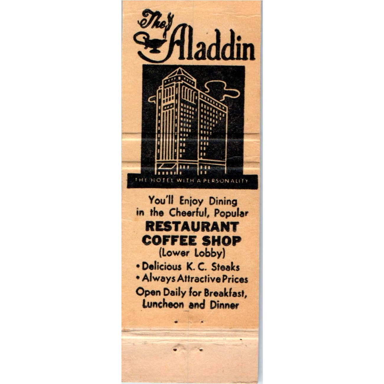 The Aladdin Hotel Zebra Room Kansas City MO Advertising Matchbook Cover SA9-M8