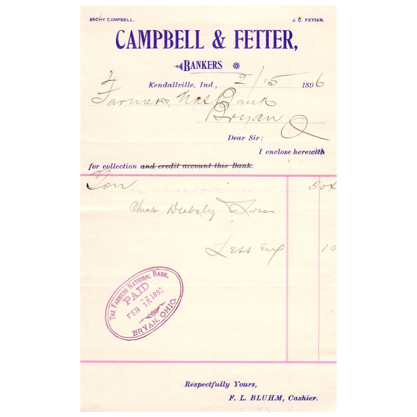 1896 Campbell & Fetter Bankers Letterhead Kendallville Indiana AD8-3