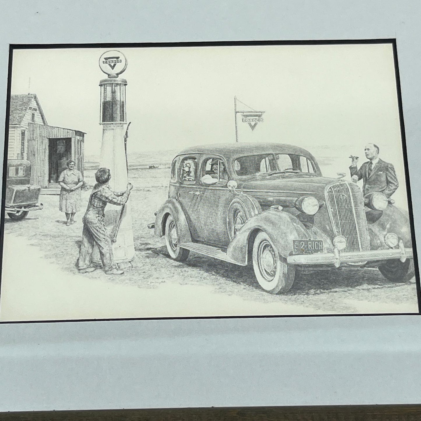 Framed Don Greytak Litho - "Conoco Fill-up" - Gas Station 6.5x8” TE5