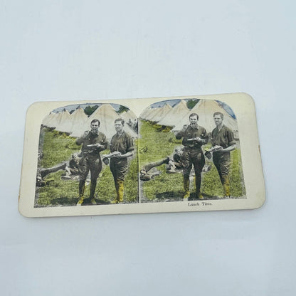 1898 Stereoview Card Tinted Spanish-American War US Army Troops Eating Lunch