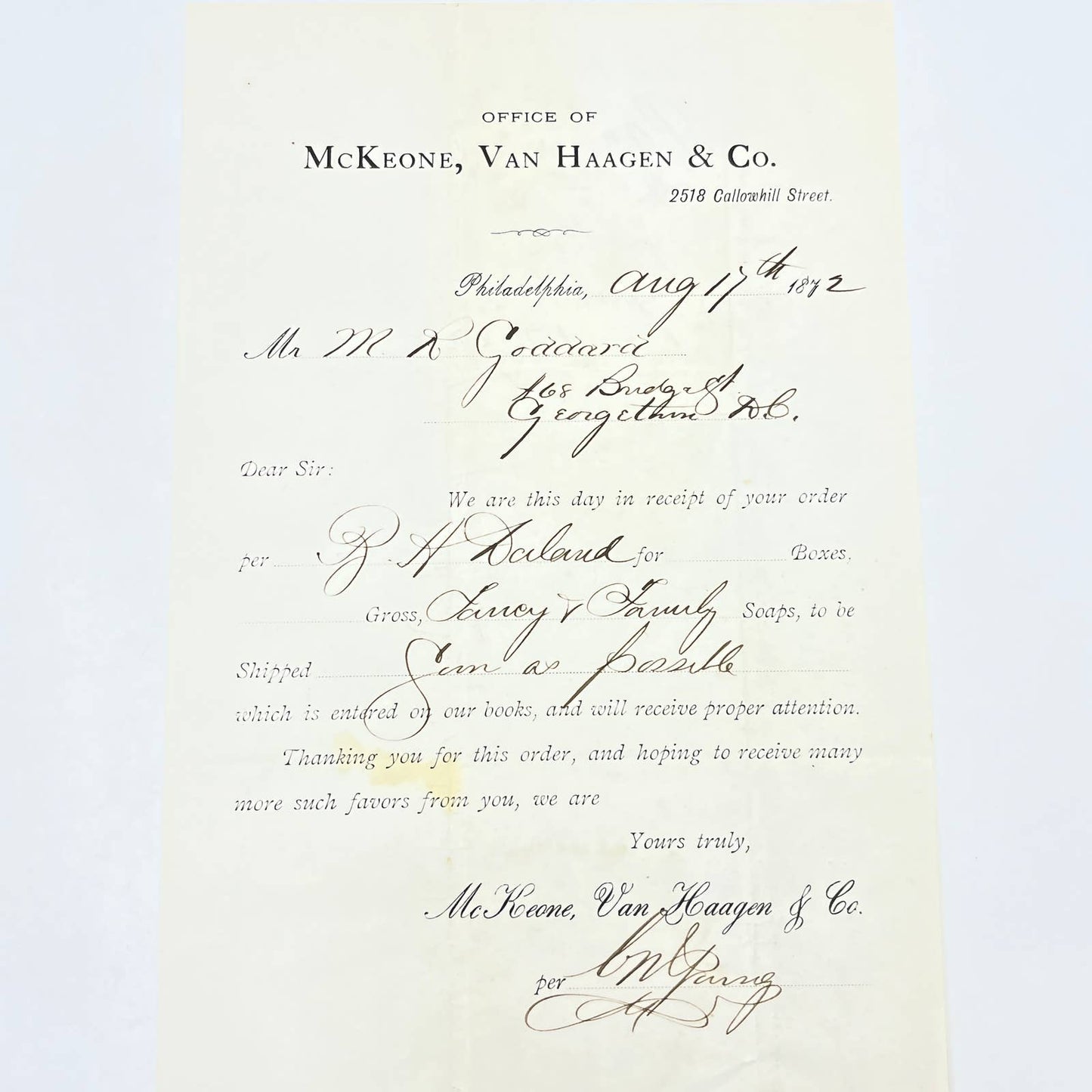 1872 Letterhead PO McKeone, Van Haagen & Co PA to M.R. Goddard Georgetown AC2