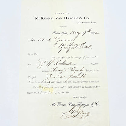 1872 Letterhead PO McKeone, Van Haagen & Co PA to M.R. Goddard Georgetown AC2