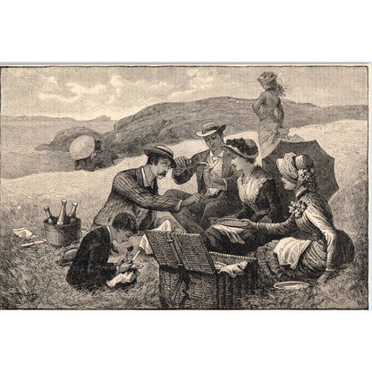 1885 Engraving Victorian Picnic Summer Pleasures A Picnic on Marblehead Neck AD4