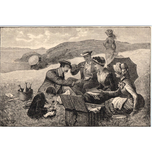 1885 Engraving Victorian Picnic Summer Pleasures A Picnic on Marblehead Neck AD4