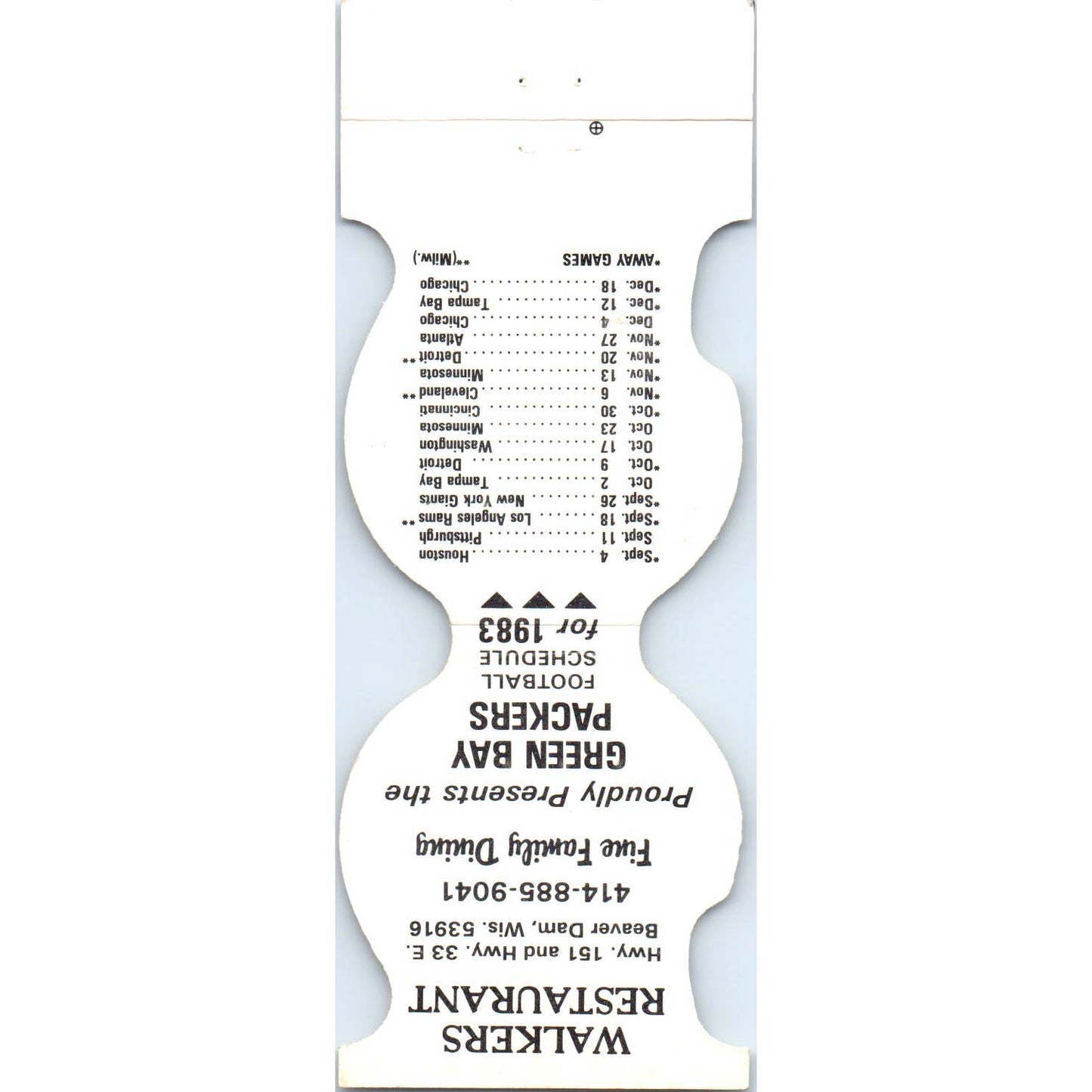 1983 Green Bay Packers NFL Helmet Football Schedule Matchbook Cover SA1-M4
