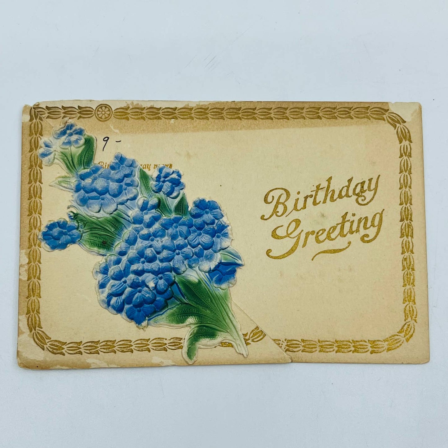 1910s Birthday Card Embossed Airbrushed Art Nouveau Folding Forget Me Not PA5