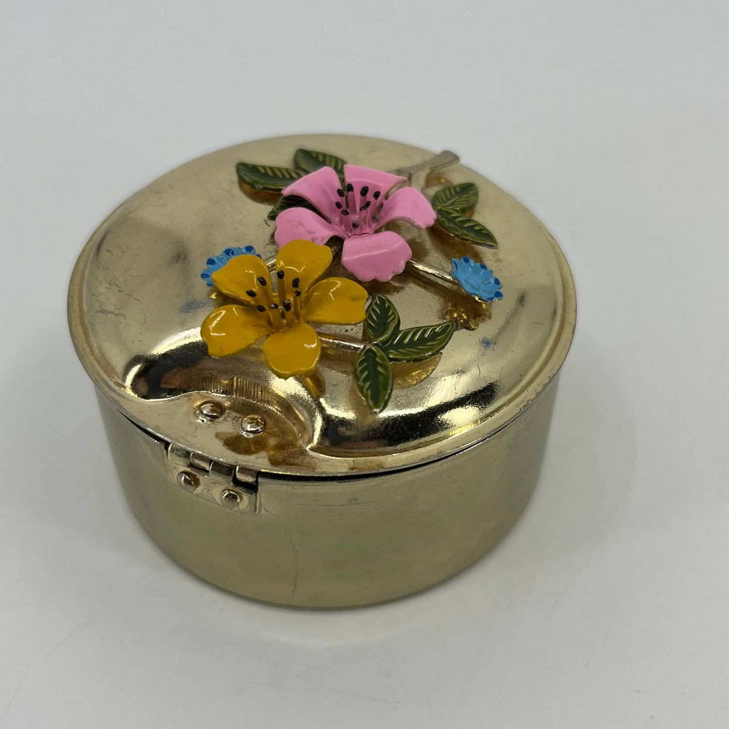 Vintage Brass Tone Enamel Flower Trinket Box Made in Korea 2.5” SC4