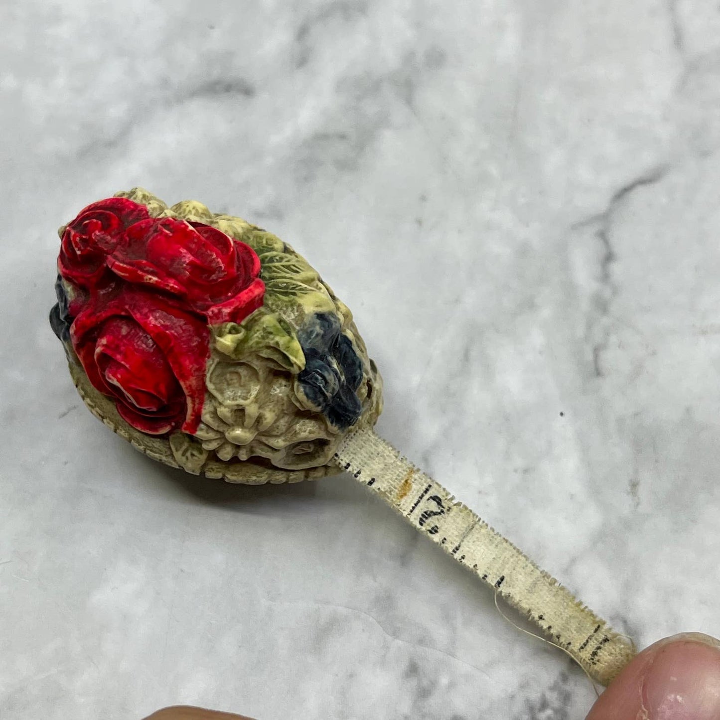 Antique Celluloid Flower Basket With Lady Bug Figural Measuring Tape Measure SE7