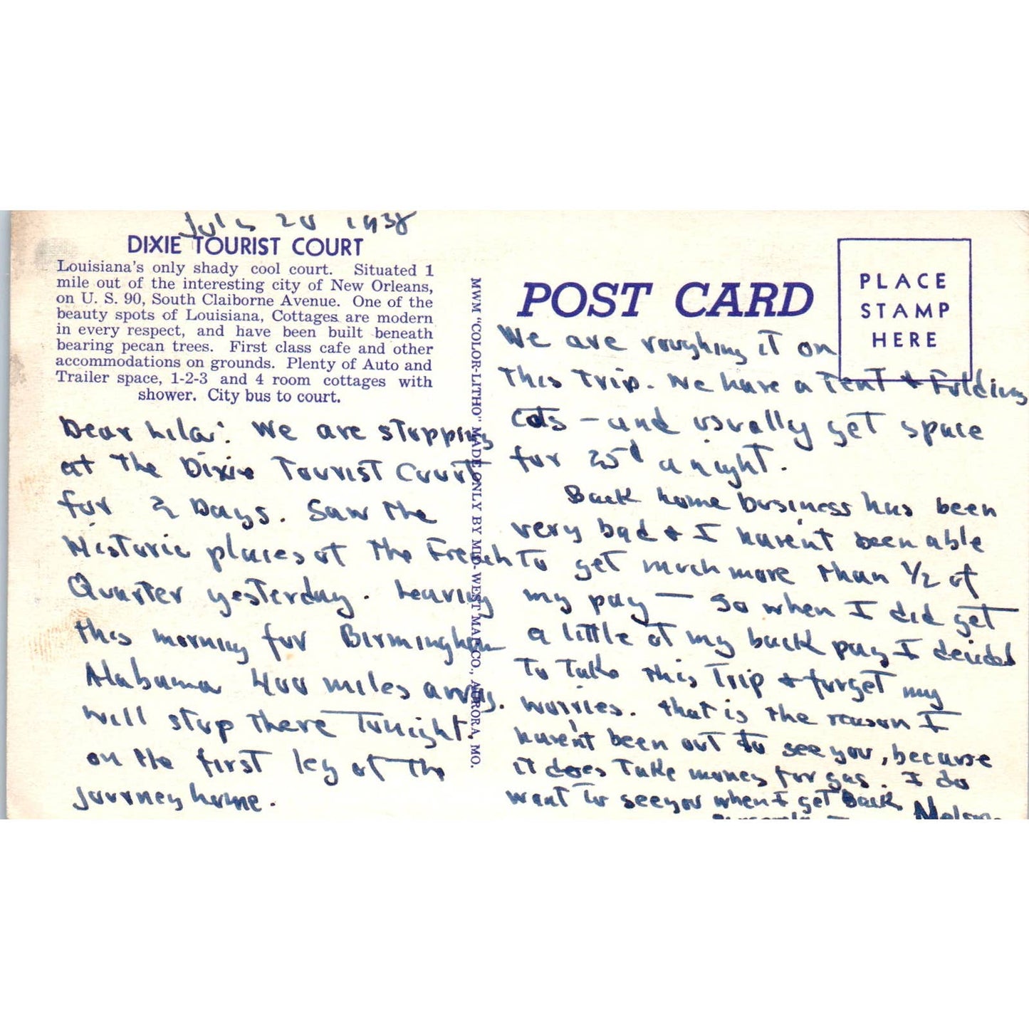 Dixie Tourist Court New Orleans Louisiana 1938- Original Postcard TJ7-RP2