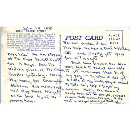 Dixie Tourist Court New Orleans Louisiana 1938- Original Postcard P3-4