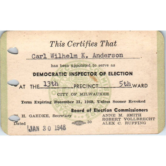 1948 Democratic Inspector of Election 13th Precinct 5th Ward Card Milwaukee SE5