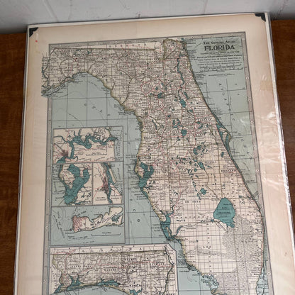 Antique 1897 The Century Atlas Map of Florida USA Color Engraved 12.5 x 17” FL5