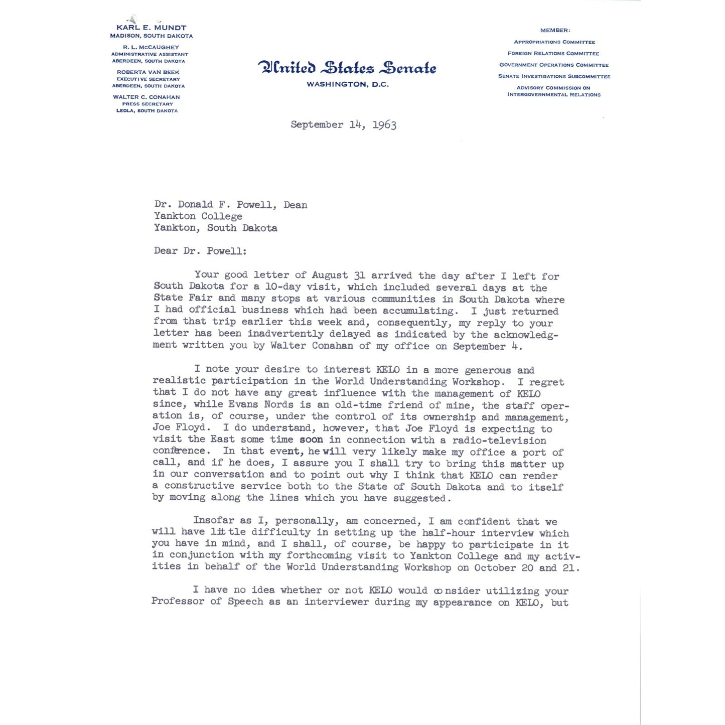South Dakota Senator Karl Mundt Official Letterhead Signed Memo Sep 1963 B11