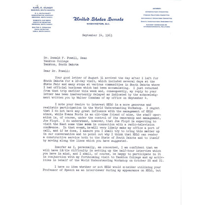 South Dakota Senator Karl Mundt Official Letterhead Signed Memo Sep 1963 B11