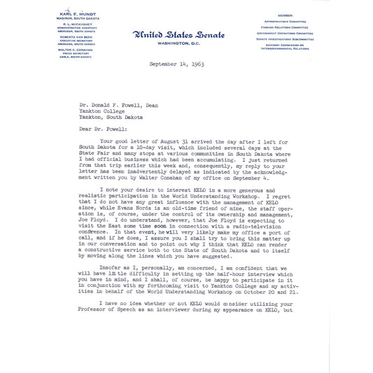 South Dakota Senator Karl Mundt Official Letterhead Signed Memo Sep 1963 B11