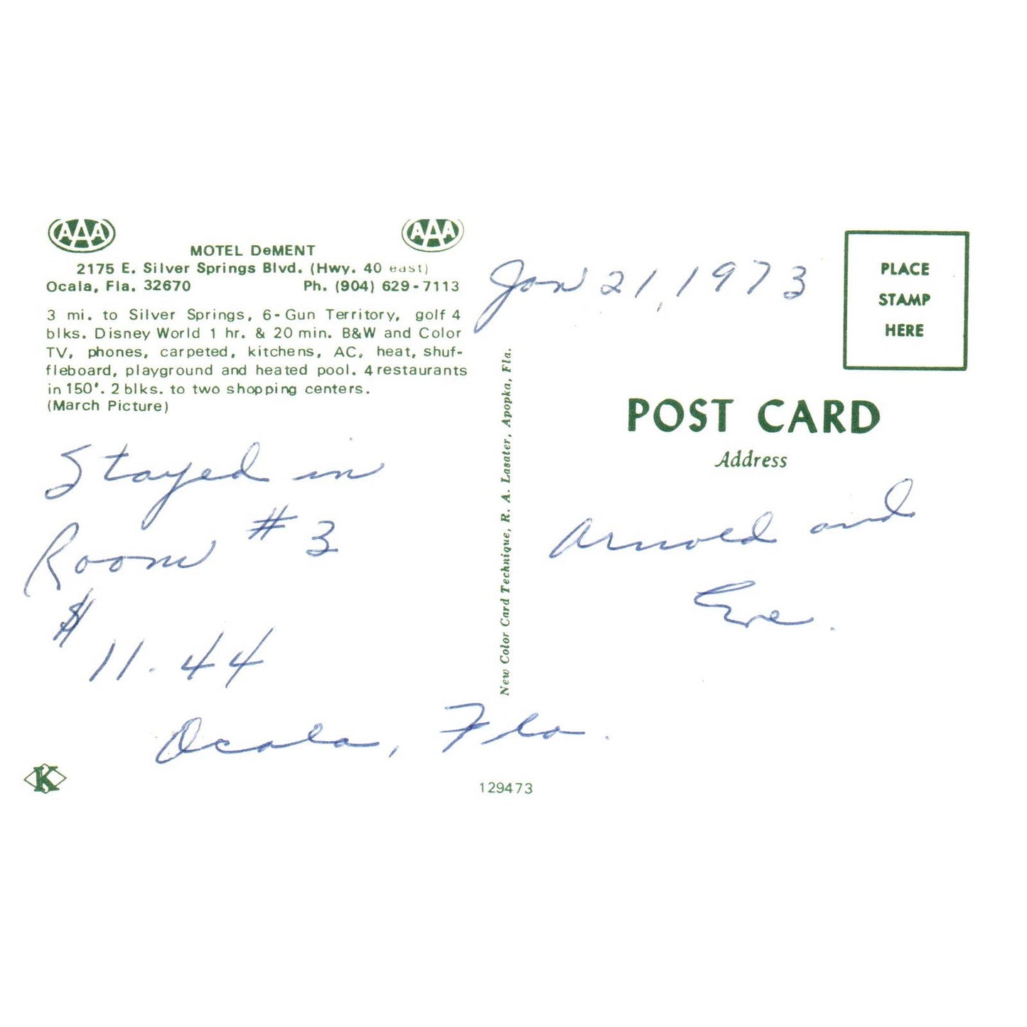 Vintage Postcard - Hotel DeMent Ocala Florida 1973 AD9