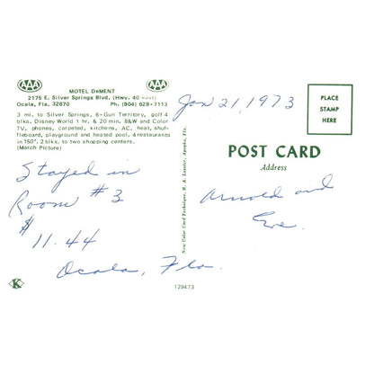 Vintage Postcard - Hotel DeMent Ocala Florida 1973 AD9