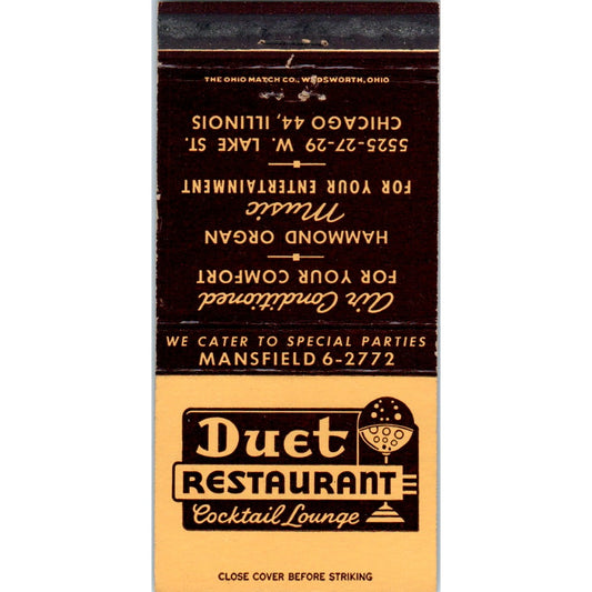 Duet Restaurant Cocktail Lounge Chicago Advertising Matchbook Cover MM10-3