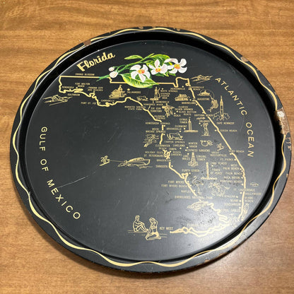 Vintage Black & Gold Metal State Souvenir Plate Tray Florida Orange Blossom 11” TG7