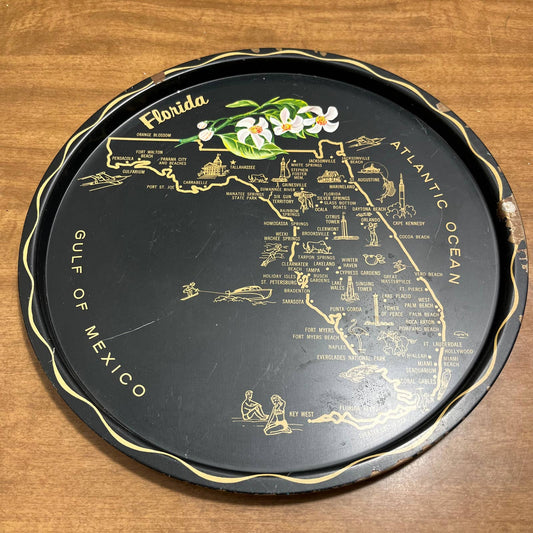 Vintage Black & Gold Metal State Souvenir Plate Tray Florida Orange Blossom 11” TG7