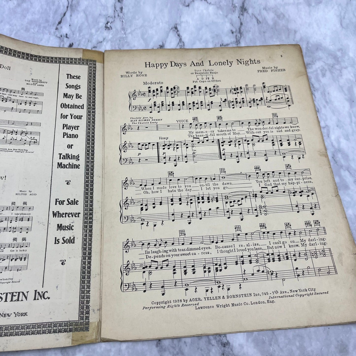 1928 - HAPPY DAYS AND LONELY NIGHTS BILLY ROSE , FRED FISHER - Sheet Music V39-3
