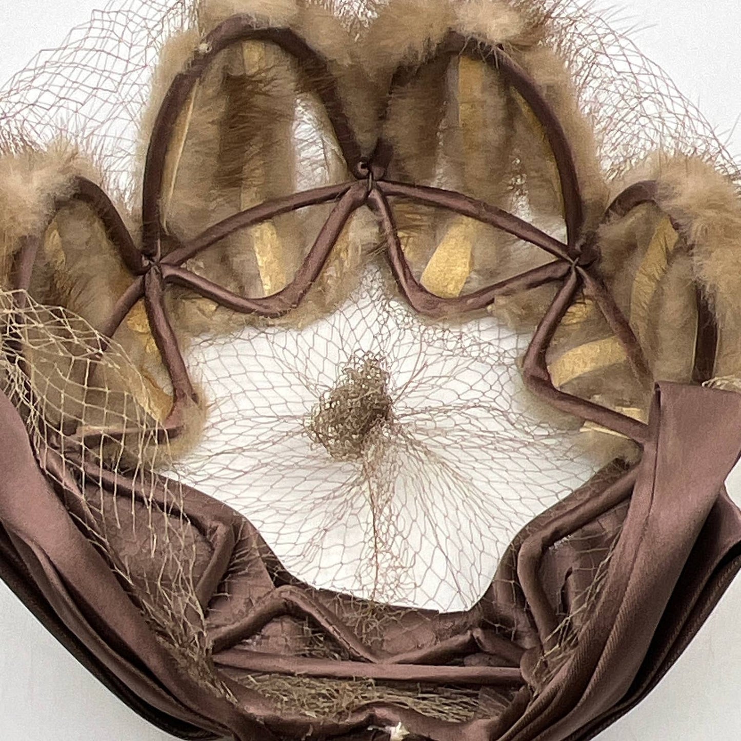 Vintage Beige Mink Fur Fascinator Champagne Satin Ribbon With Veil Cage TI4
