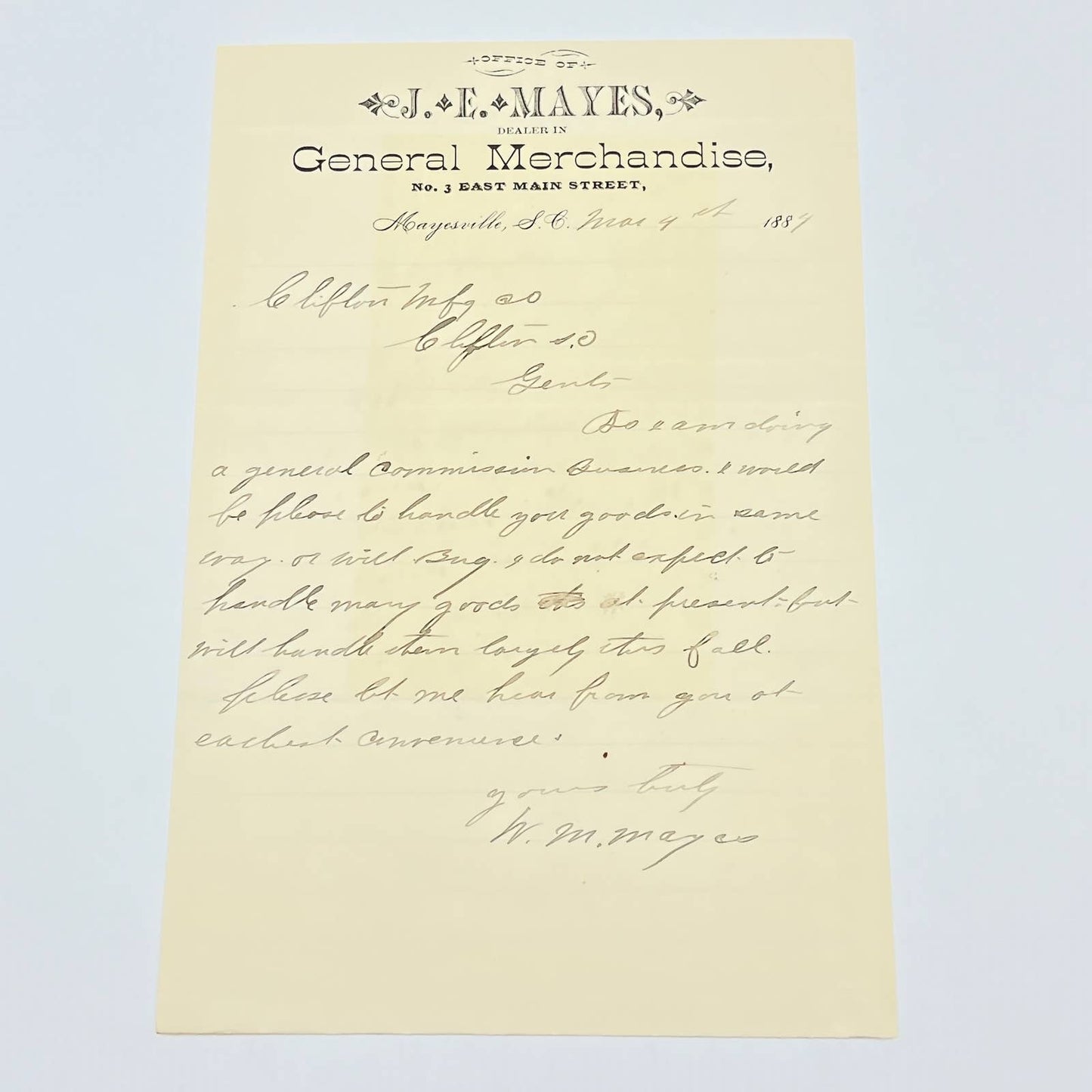 1884 J.E. Mayes General Merchandise Letterhead Mayesville SC AB9