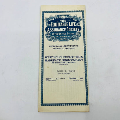 1939 Equitable Life Insurance Policy Westinghouse Electric Co James W. Knapp C12