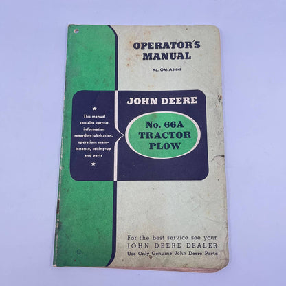 Original 1940s John Deere No. 66A Tractor Plow Operator's Manual TC6