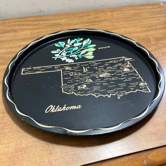Vintage Black & Gold Metal State Souvenir Plate Tray Oklahoma 11” TG7