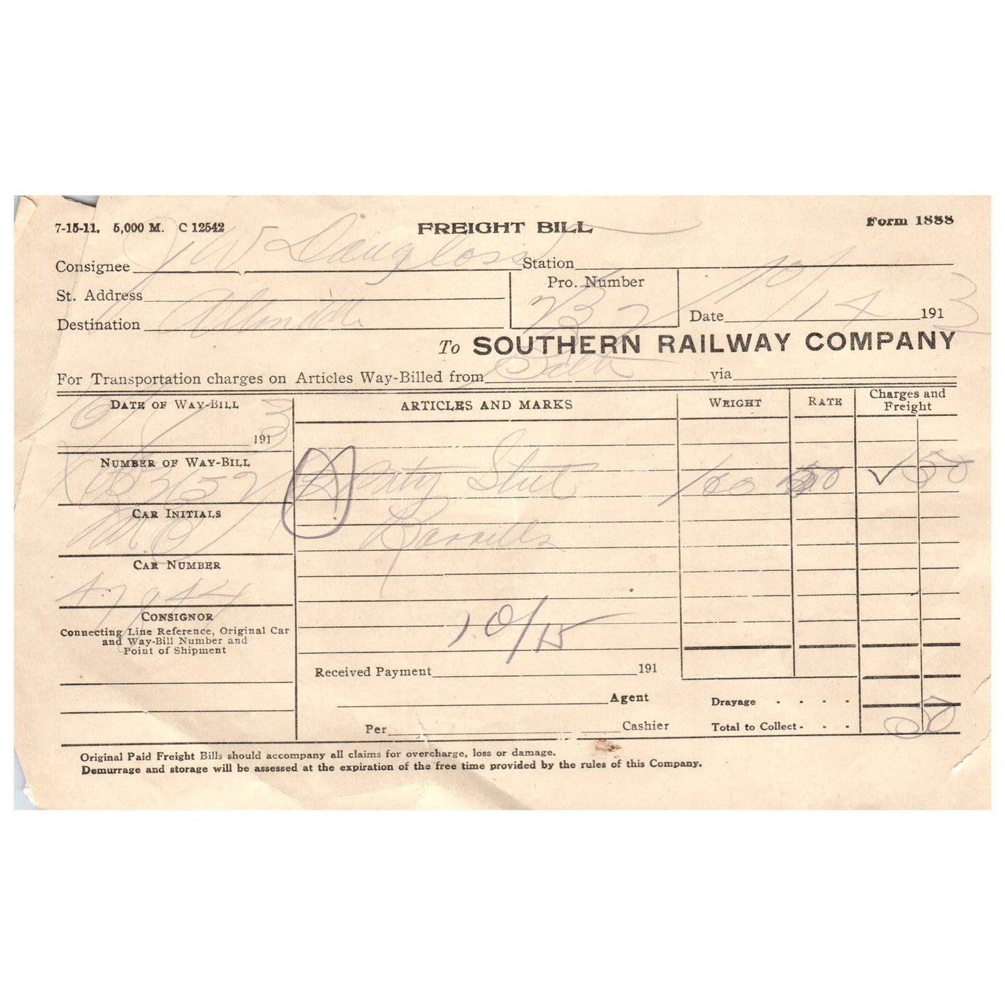 1913 Southern Railway Company Freight Bill AD1