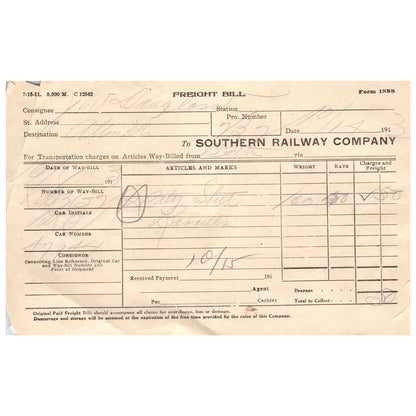 1913 Southern Railway Company Freight Bill AD1