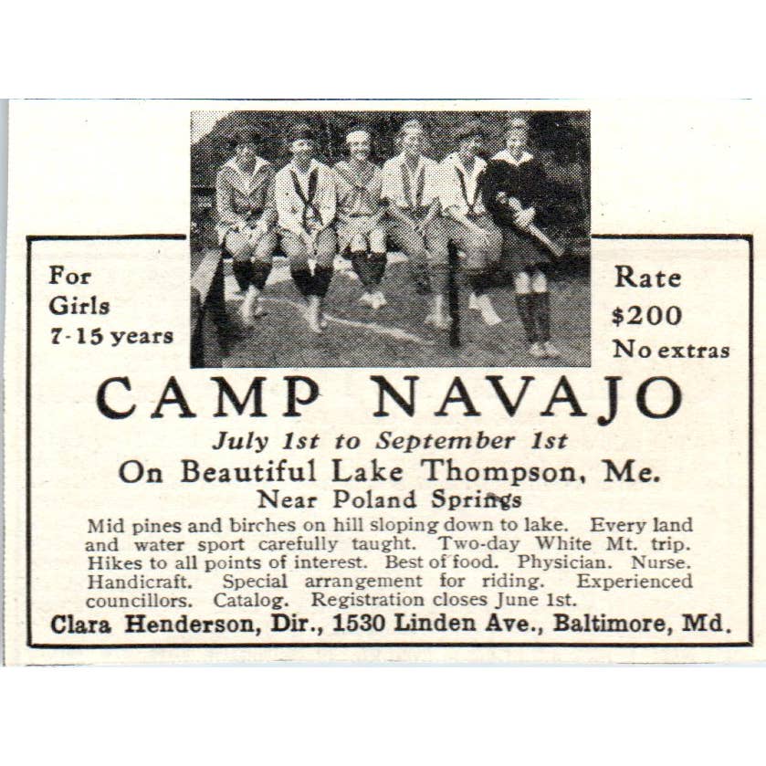 Camp Navajo Lake Thompson Poland Springs Maine Clara Henderson - 1921 Ad TJ7-S8