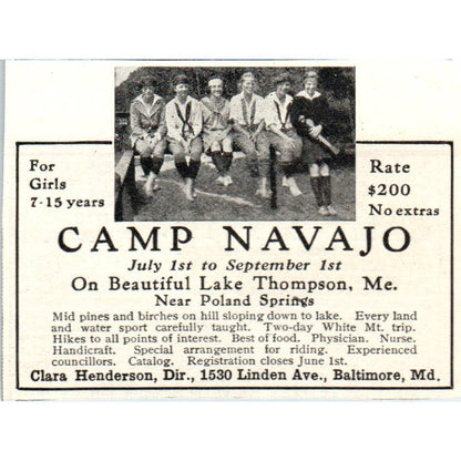 Camp Navajo Lake Thompson Poland Springs Maine Clara Henderson - 1921 Ad TJ7-S8